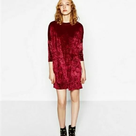 Zara Dresses & Skirts - Zara Collection Crushed Velvet Dolman Long Sleeve Red Cocktail Party Mini Dress